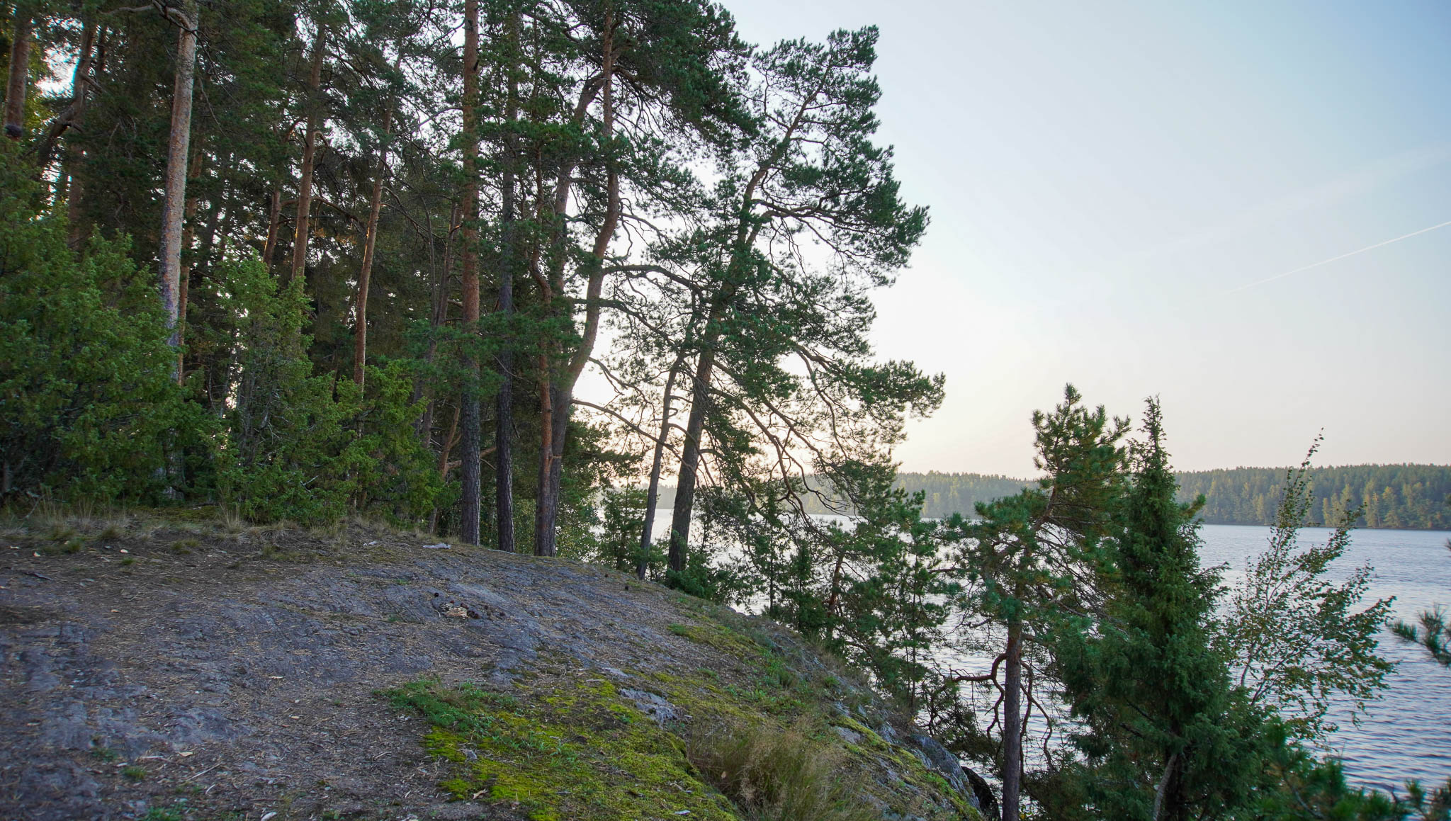 Kallion reuna laskeutuu alas kohti järveä. Kallion alaosassa on puustoa ja kalliolla sammalta.