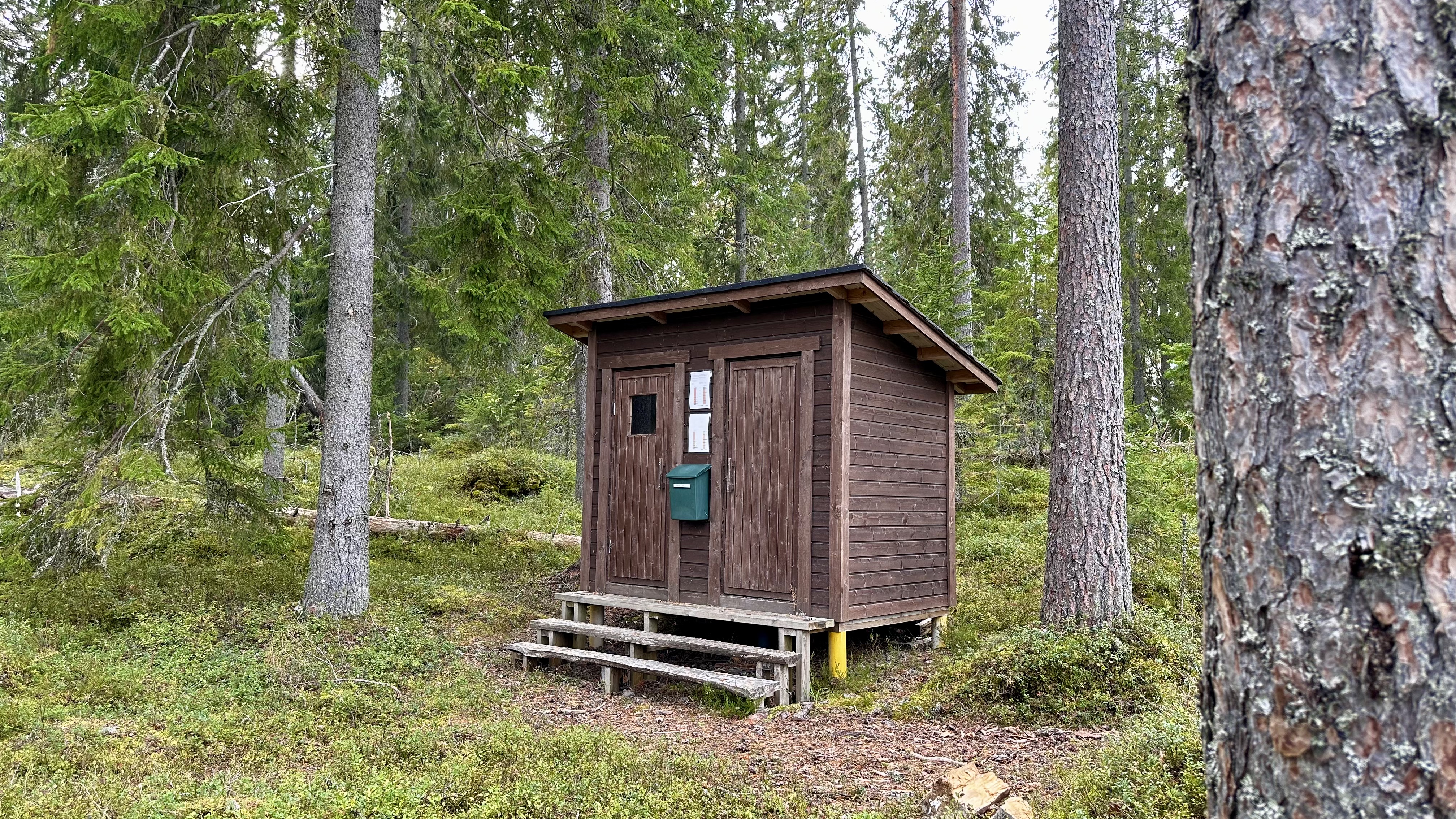 Kaksiovinen puinen pieni rakennus, johon johtaa kolme porrasta.