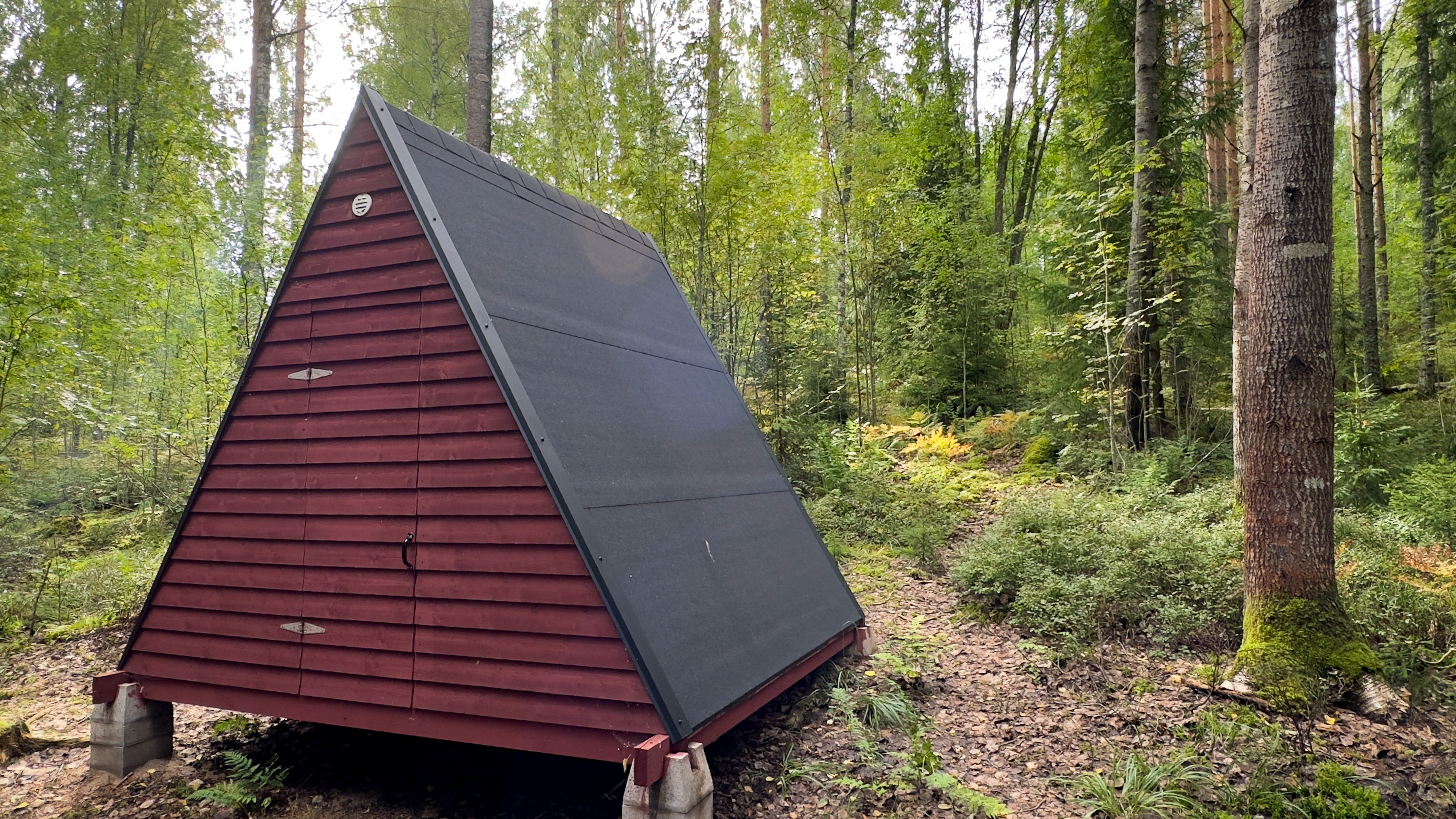 A wooden triangular building in the forest.