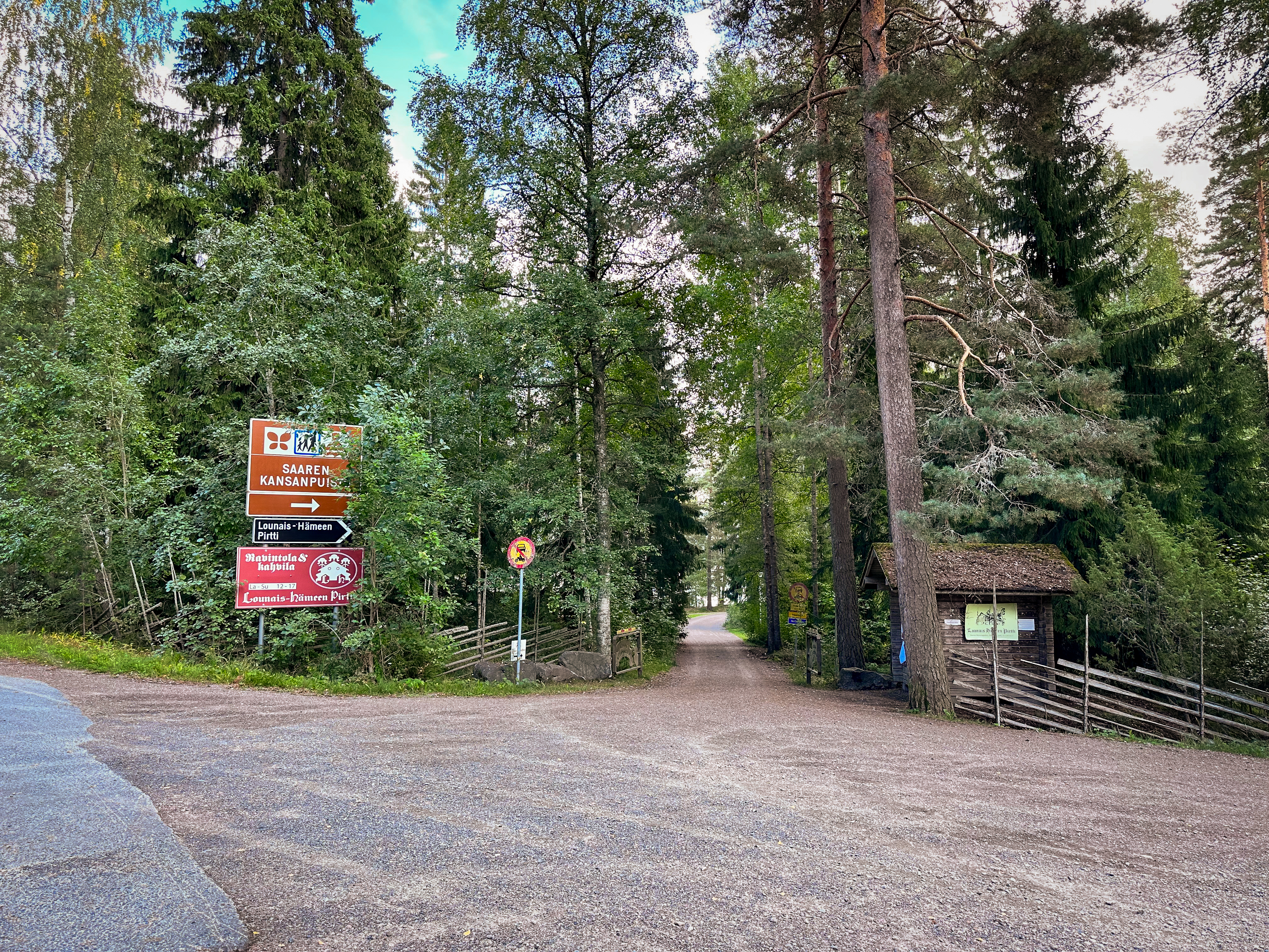 Hiekkatie johtaa metsän läpi rantaan.