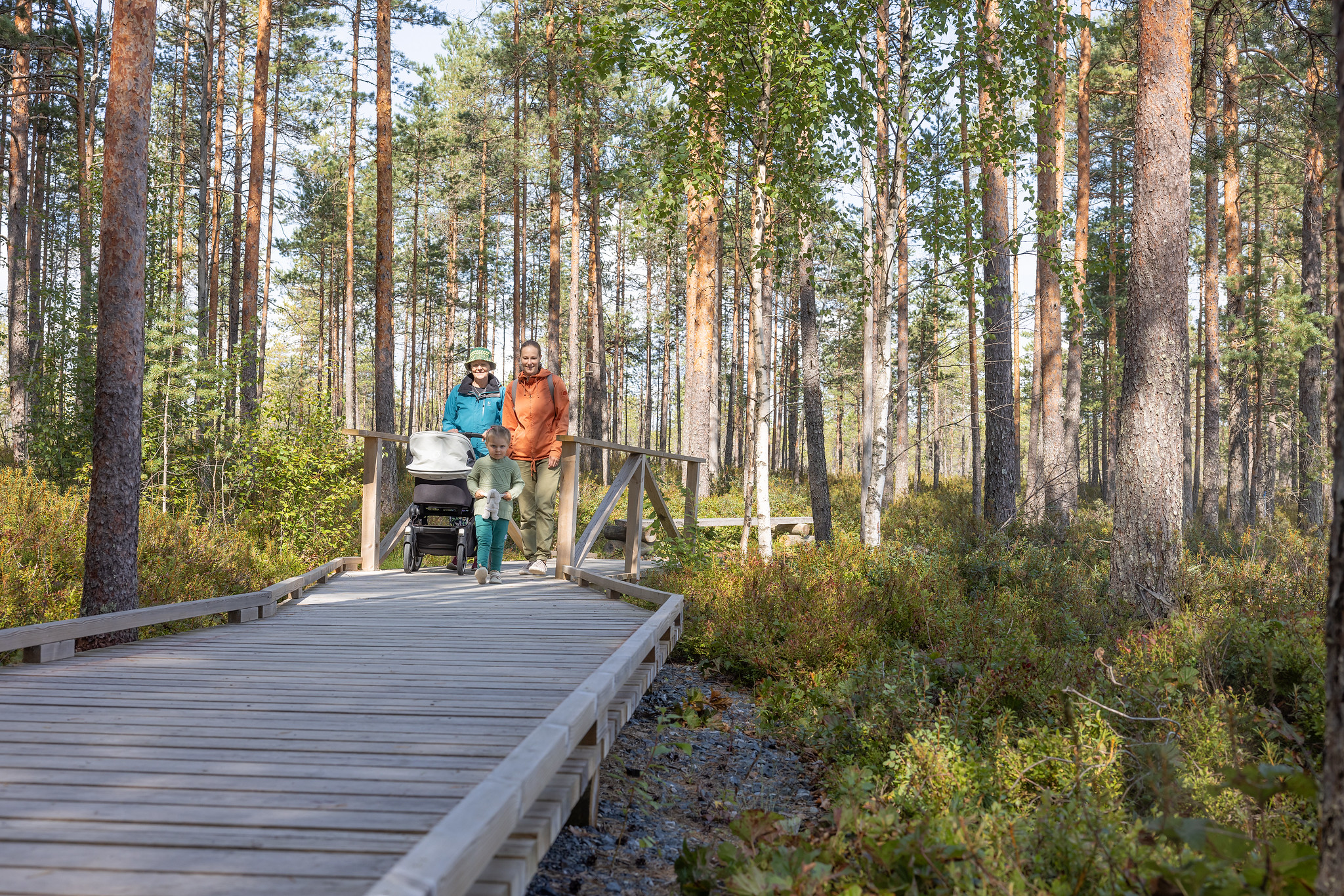 Kaksi naista kävelee lastenvaunujen kanssa leveällä pitkospolulla.