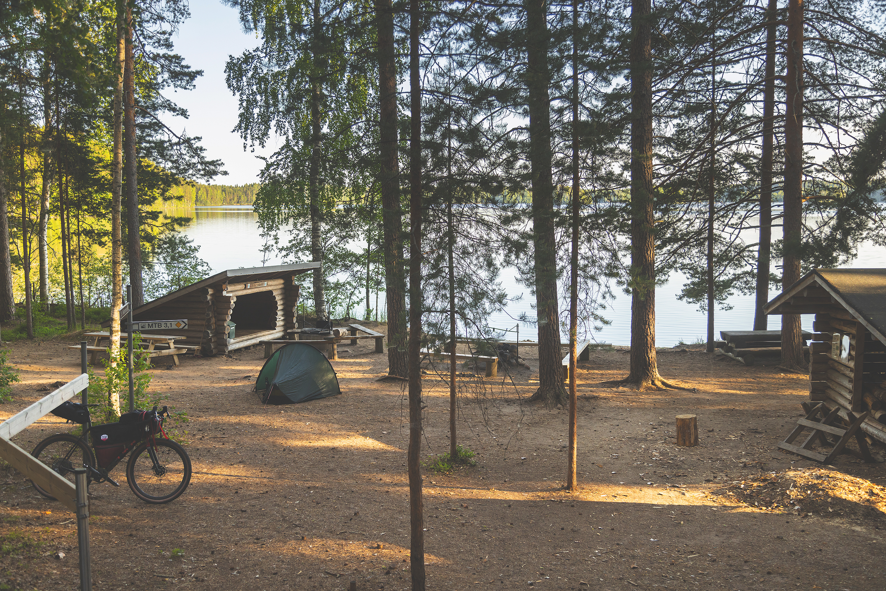 Lean-to by a lake, surrounded by forest.