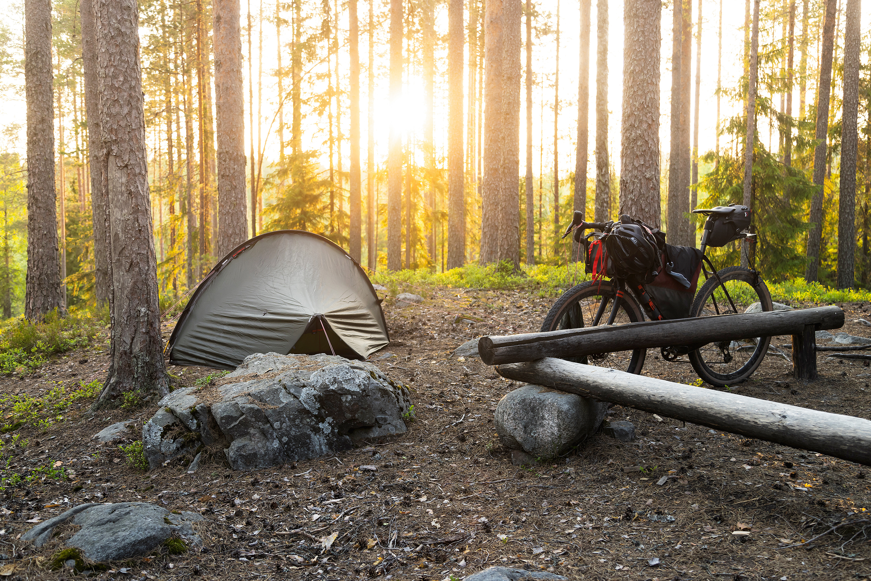 A tent on a campsite, with a gravel bike next it.