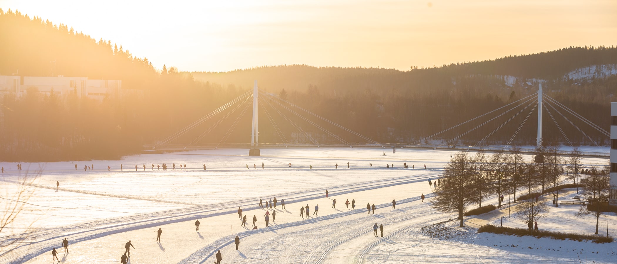 Ihmisiä hiihtämässä ja luistelemassa järven jäällä talvella.
