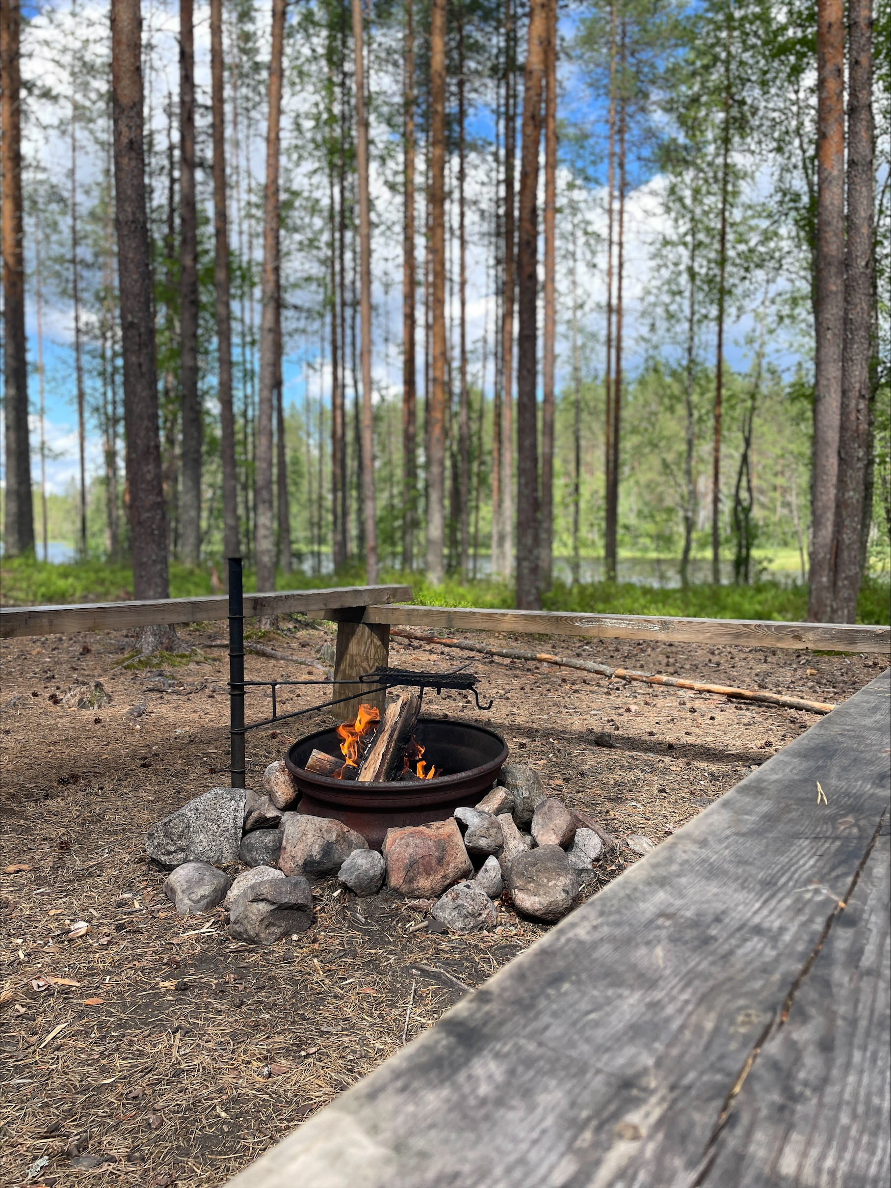 Tulijärven laavun nuotiopaikka järven suuntaan.